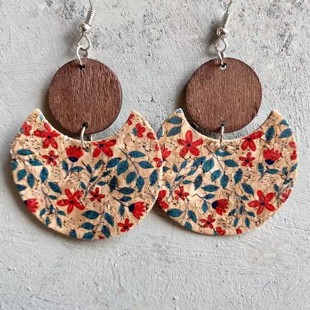 Flower Leaf Print Crescent Moon Cork & Wood Disc Drop Earrings NWT